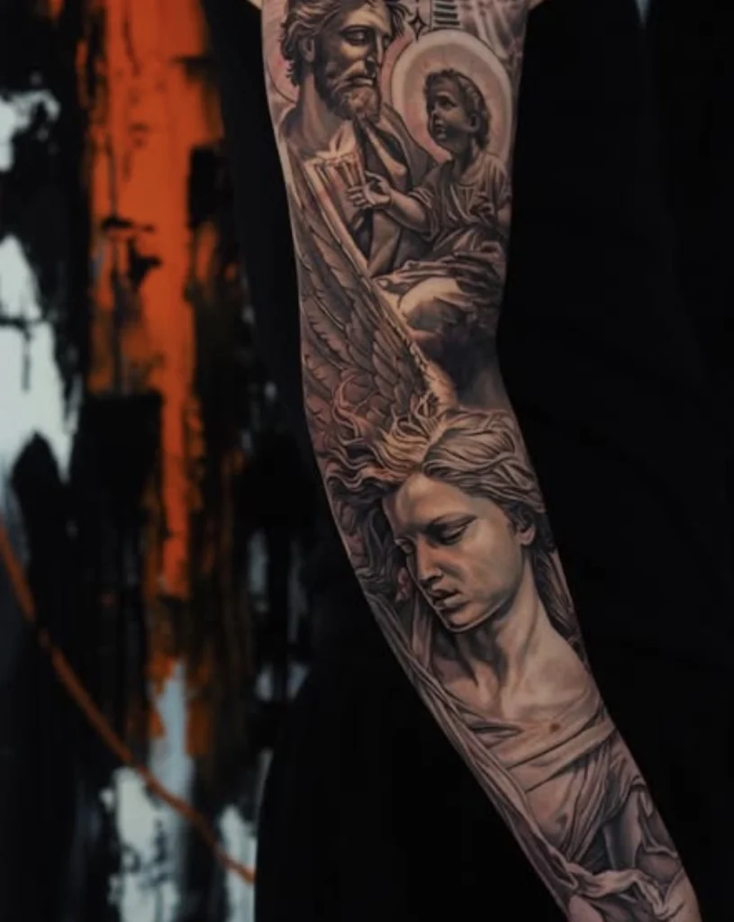 Detailed black and grey first tattoo sleeve design featuring religious figures and classical art, created at Melbourne's Omnia Tattoo Studio